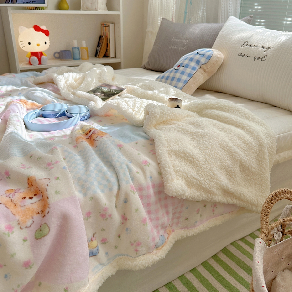 91家纺网 家纺一手货源 找家纺 萝莉家纺 2025新款小清新多功能牛奶绒羊羔绒毛毯毯子午睡毯 花园猫