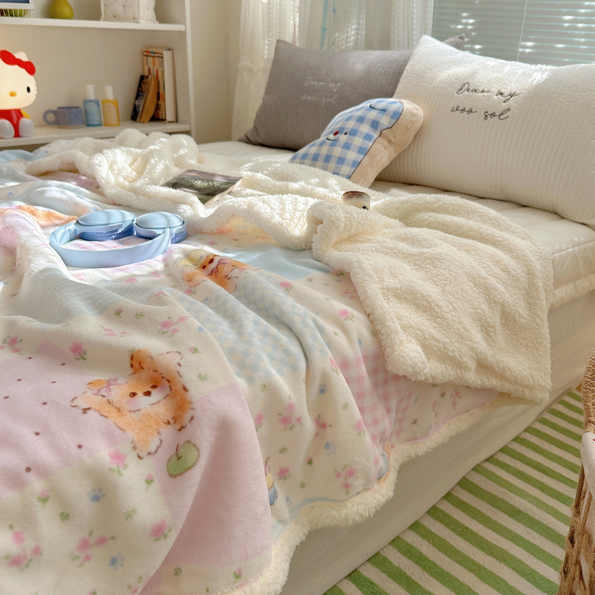 91家纺网 家纺一手货源 找家纺 萝莉家纺 2025新款小清新多功能牛奶绒羊羔绒毛毯毯子午睡毯 花园猫