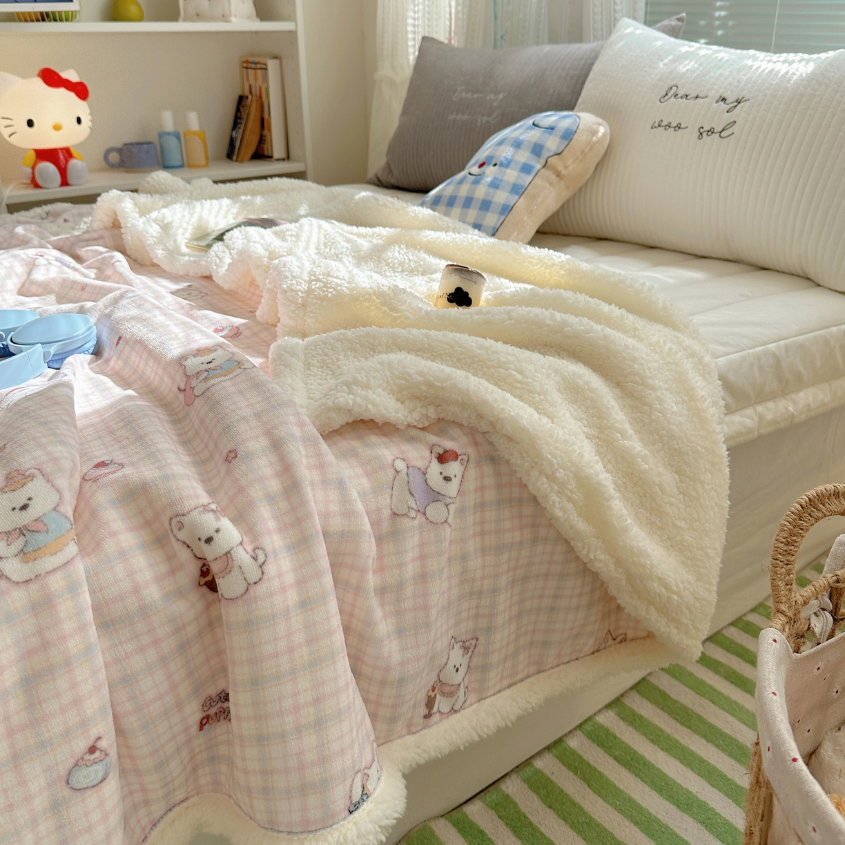 91家纺网 家纺一手货源 找家纺 萝莉家纺 2025新款小清新多功能牛奶绒羊羔绒毛毯毯子午睡毯 萌宠小屋