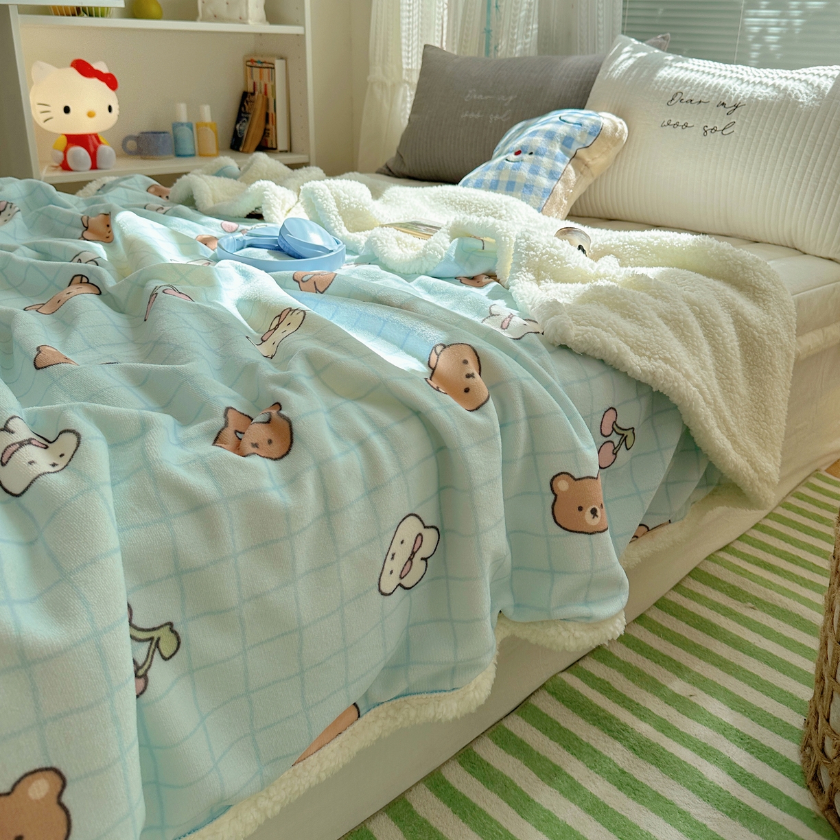 91家纺网 家纺一手货源 找家纺 萝莉家纺 2025新款小清新多功能牛奶绒羊羔绒毛毯毯子午睡毯 萌仔派对