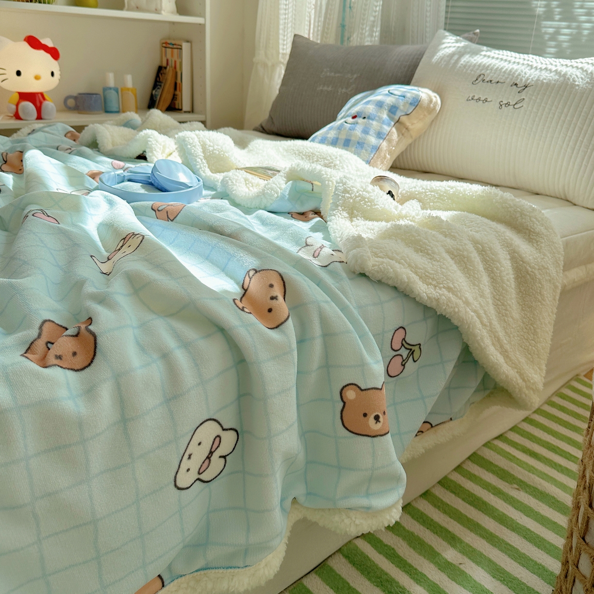 91家纺网 家纺一手货源 找家纺 萝莉家纺 2025新款小清新多功能牛奶绒羊羔绒毛毯毯子午睡毯 萌仔派对