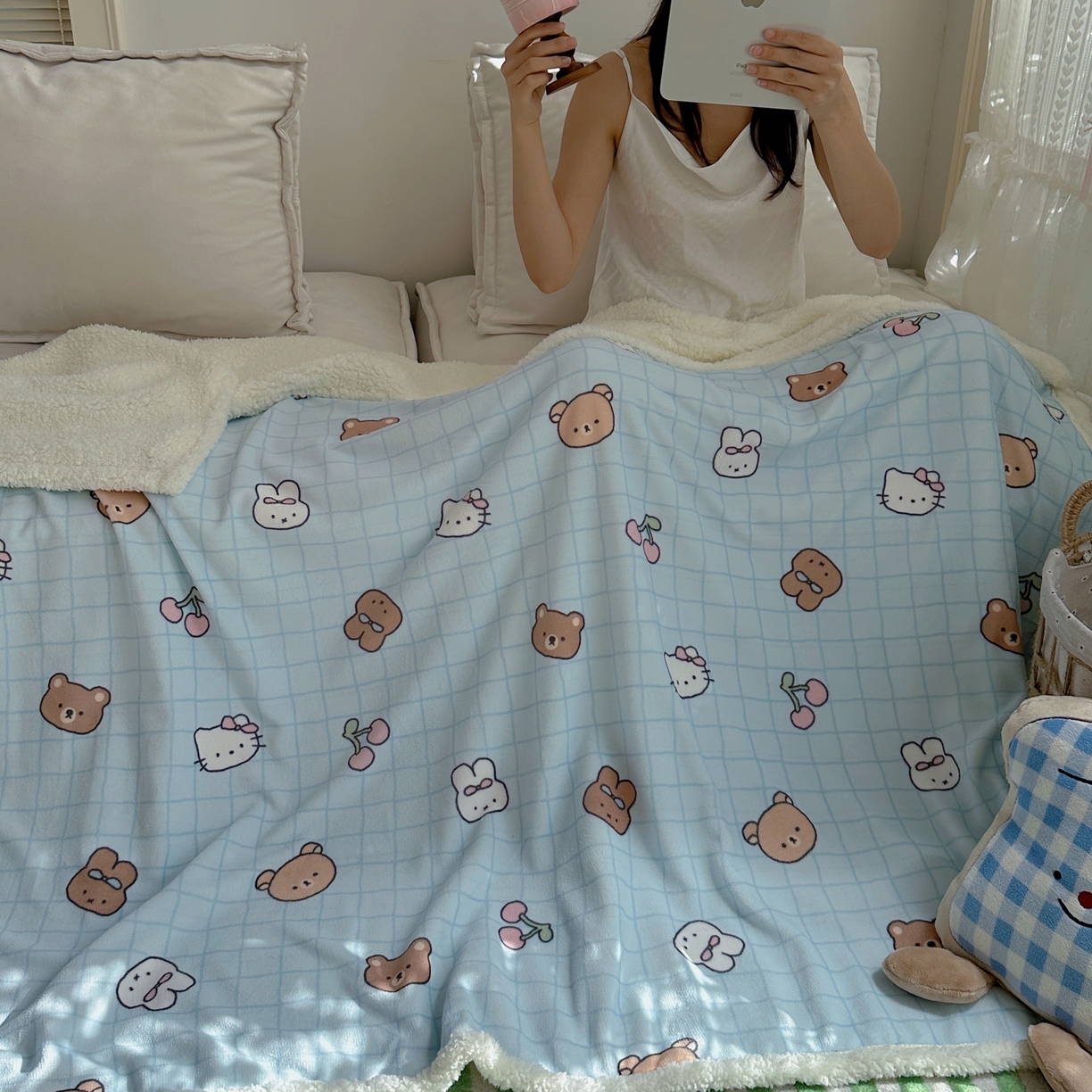 91家纺网 家纺一手货源 找家纺 萝莉家纺 2025新款小清新多功能牛奶绒羊羔绒毛毯毯子午睡毯 萌仔派对