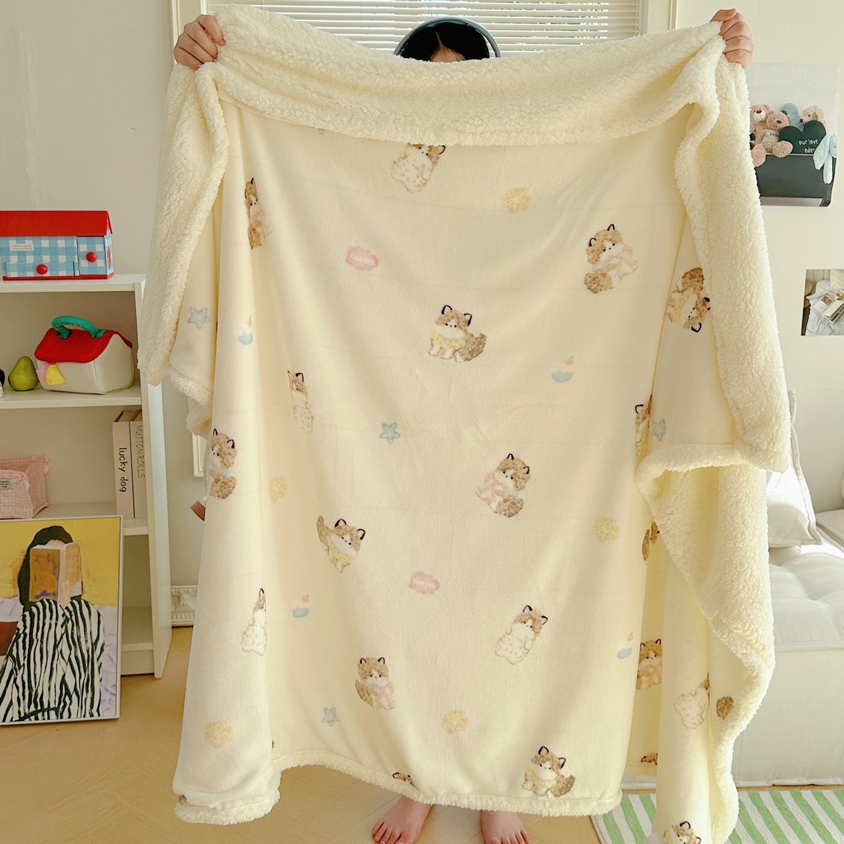 萝莉家纺 2025新款小清新多功能牛奶绒羊羔绒毛毯毯子午睡毯 软萌猫黄