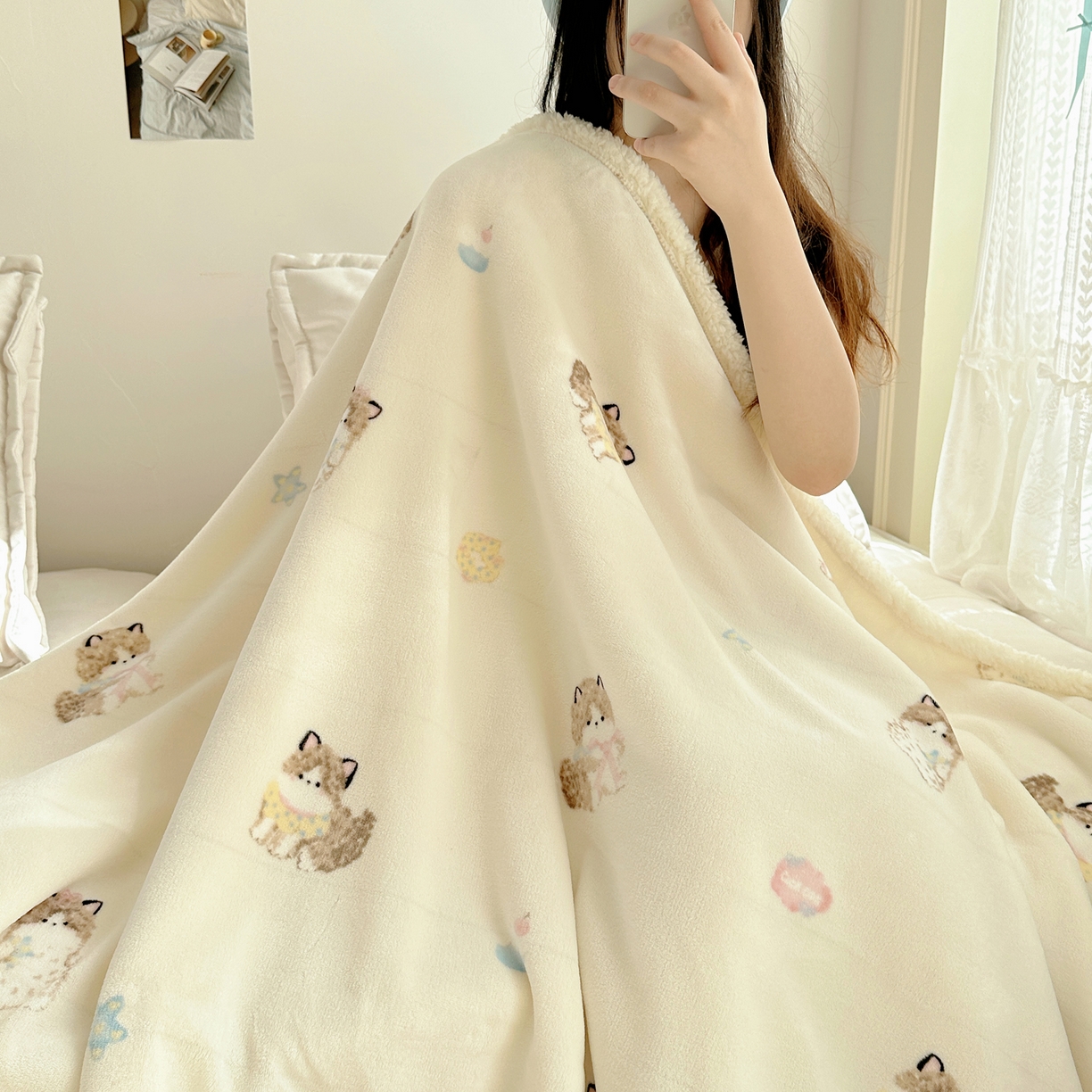 91家纺网 家纺一手货源 找家纺 萝莉家纺 2025新款小清新多功能牛奶绒羊羔绒毛毯毯子午睡毯 软萌猫黄