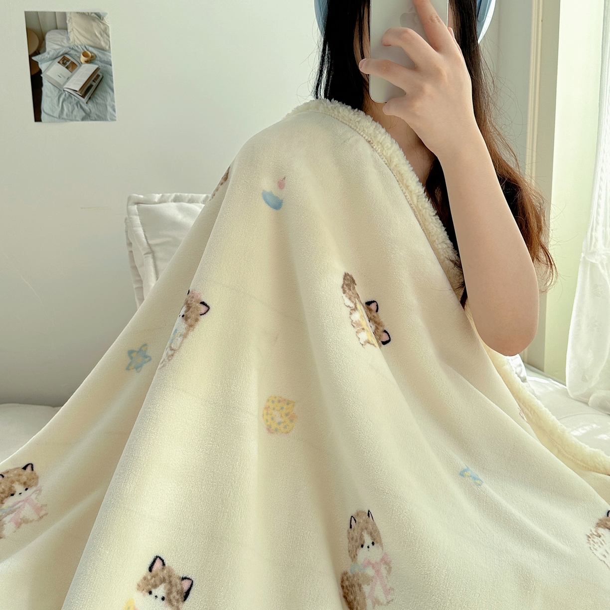 91家纺网 家纺一手货源 找家纺 萝莉家纺 2025新款小清新多功能牛奶绒羊羔绒毛毯毯子午睡毯 软萌猫黄