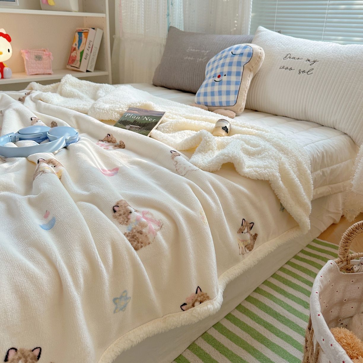 91家纺网 家纺一手货源 找家纺 萝莉家纺 2025新款小清新多功能牛奶绒羊羔绒毛毯毯子午睡毯 软萌猫黄