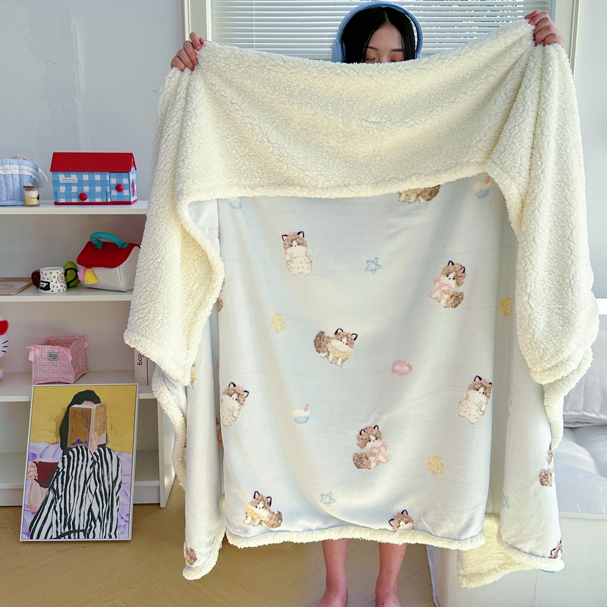 萝莉家纺 2025新款小清新多功能牛奶绒羊羔绒毛毯毯子午睡毯 软萌猫蓝