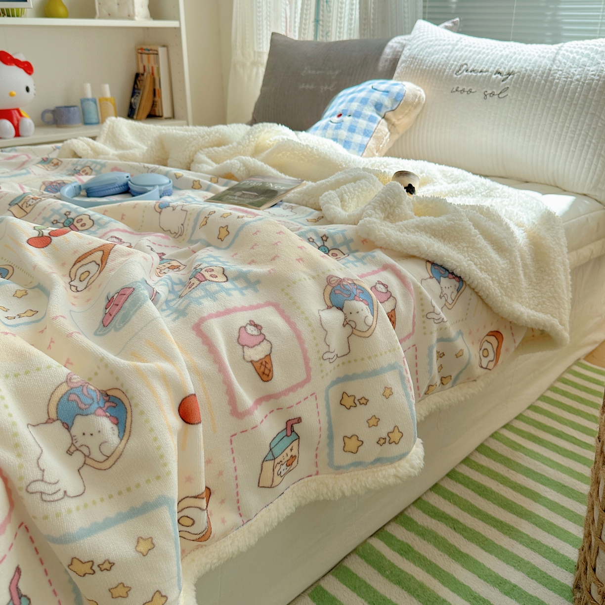 91家纺网 家纺一手货源 找家纺 萝莉家纺 2025新款小清新多功能牛奶绒羊羔绒毛毯毯子午睡毯 甜品屋