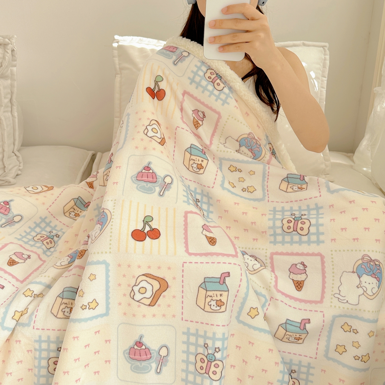 91家纺网 家纺一手货源 找家纺 萝莉家纺 2025新款小清新多功能牛奶绒羊羔绒毛毯毯子午睡毯 甜品屋