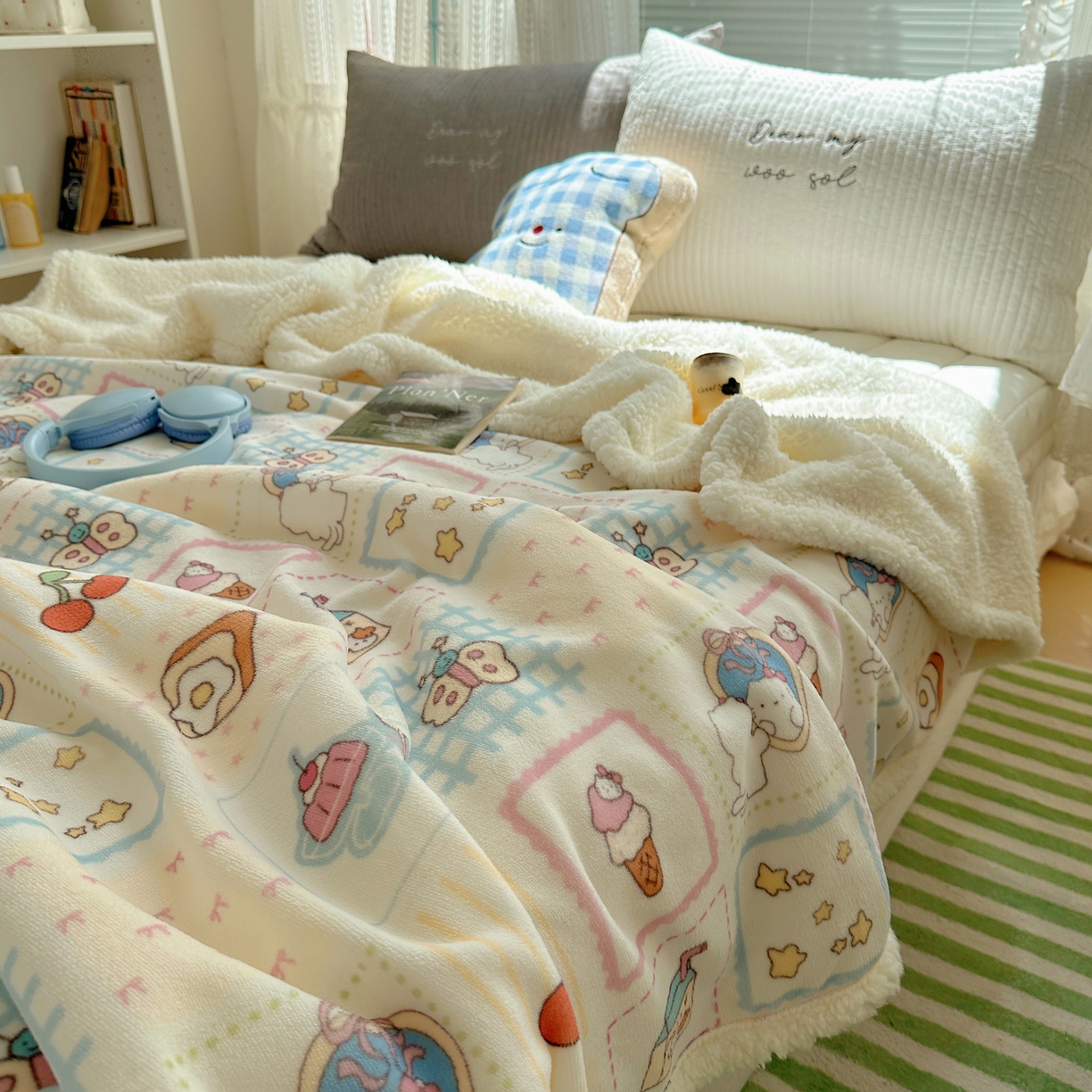 91家纺网 家纺一手货源 找家纺 萝莉家纺 2025新款小清新多功能牛奶绒羊羔绒毛毯毯子午睡毯 甜品屋