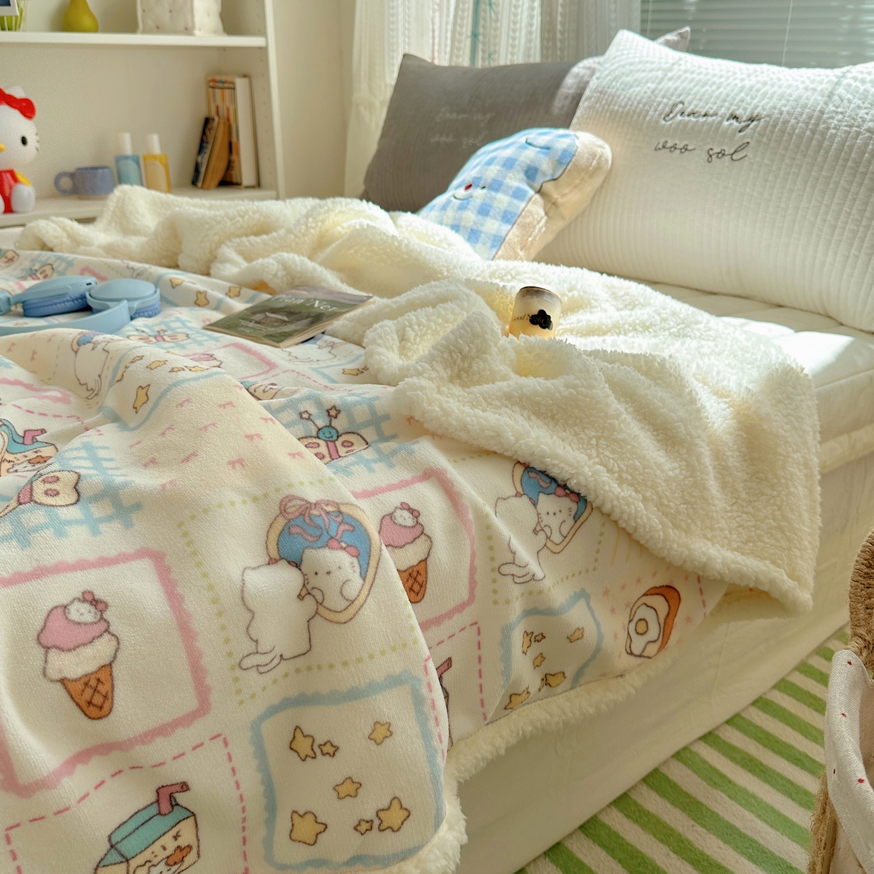 91家纺网 家纺一手货源 找家纺 萝莉家纺 2025新款小清新多功能牛奶绒羊羔绒毛毯毯子午睡毯 甜品屋