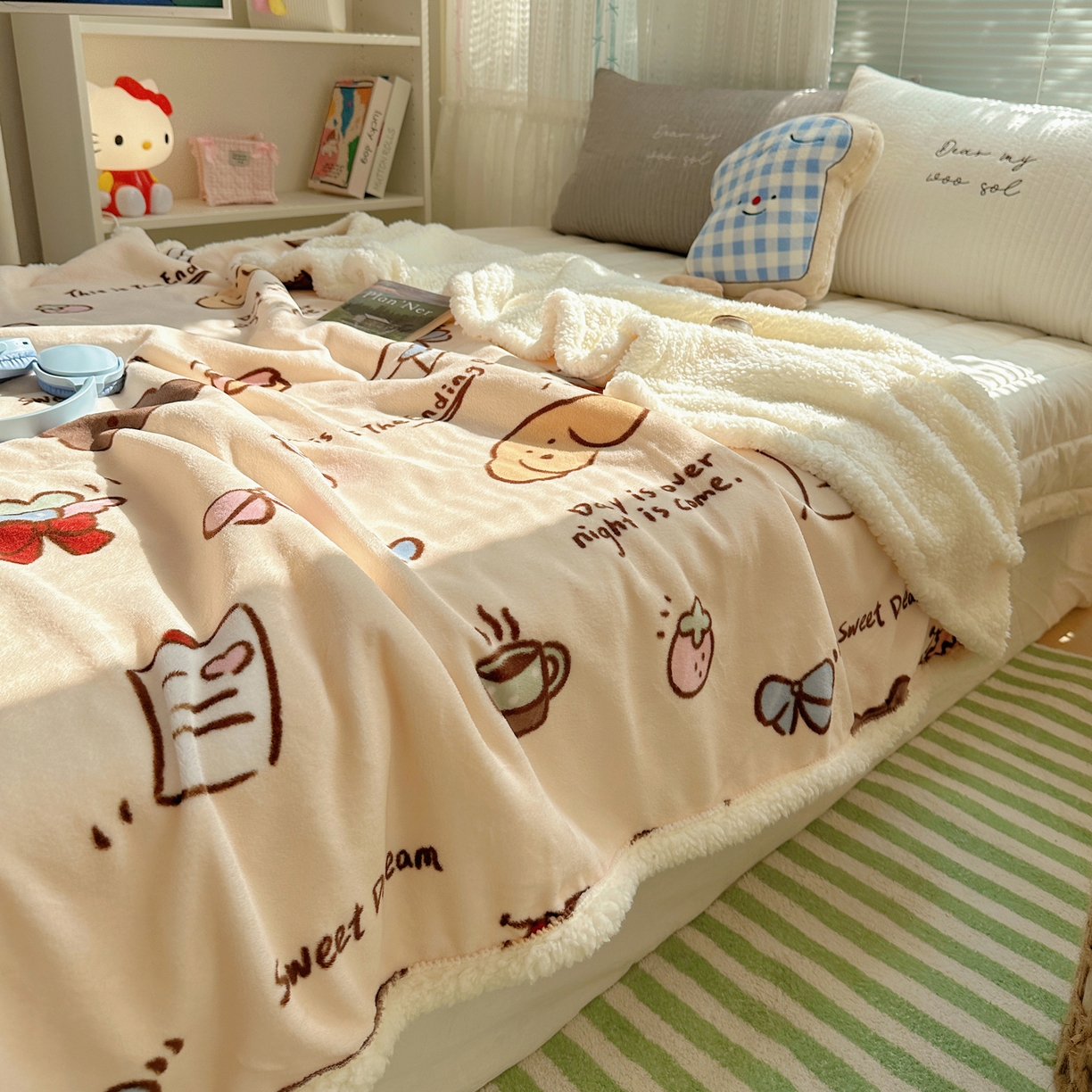 91家纺网 家纺一手货源 找家纺 萝莉家纺 2025新款小清新多功能牛奶绒羊羔绒毛毯毯子午睡毯 元气满满