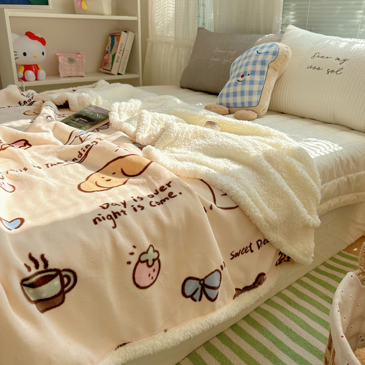 91家纺网 家纺一手货源 找家纺 萝莉家纺 2025新款小清新多功能牛奶绒羊羔绒毛毯毯子午睡毯 元气满满