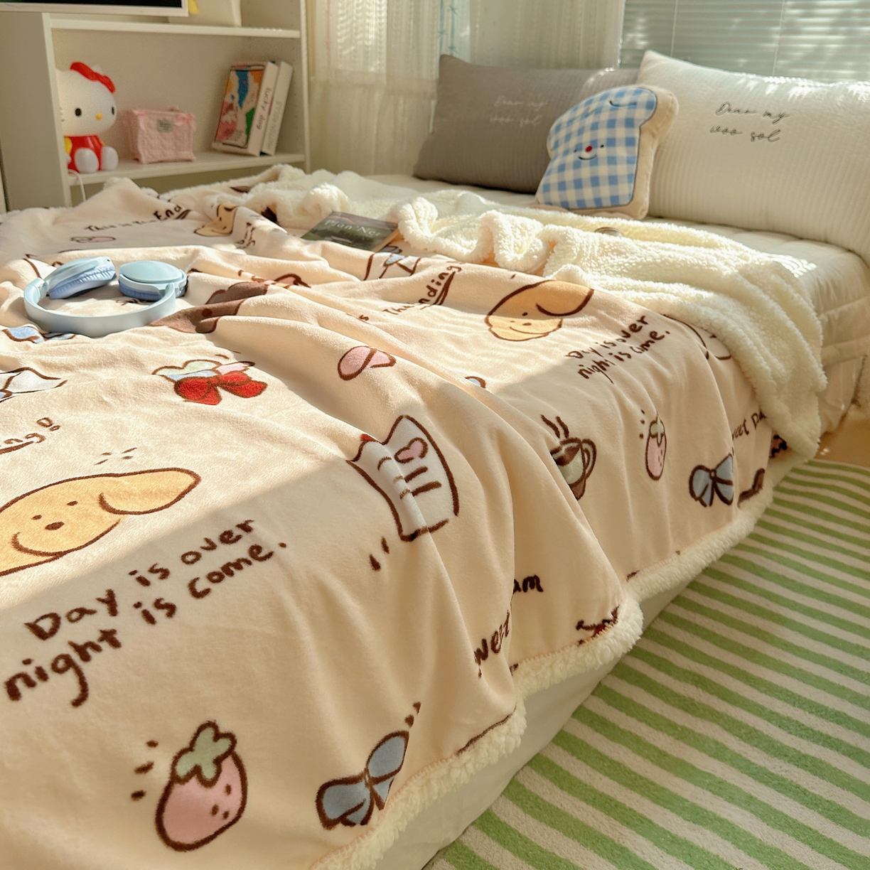 91家纺网 家纺一手货源 找家纺 萝莉家纺 2025新款小清新多功能牛奶绒羊羔绒毛毯毯子午睡毯 元气满满