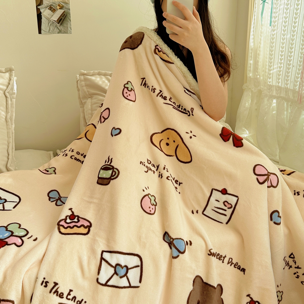 91家纺网 家纺一手货源 找家纺 萝莉家纺 2025新款小清新多功能牛奶绒羊羔绒毛毯毯子午睡毯 元气满满