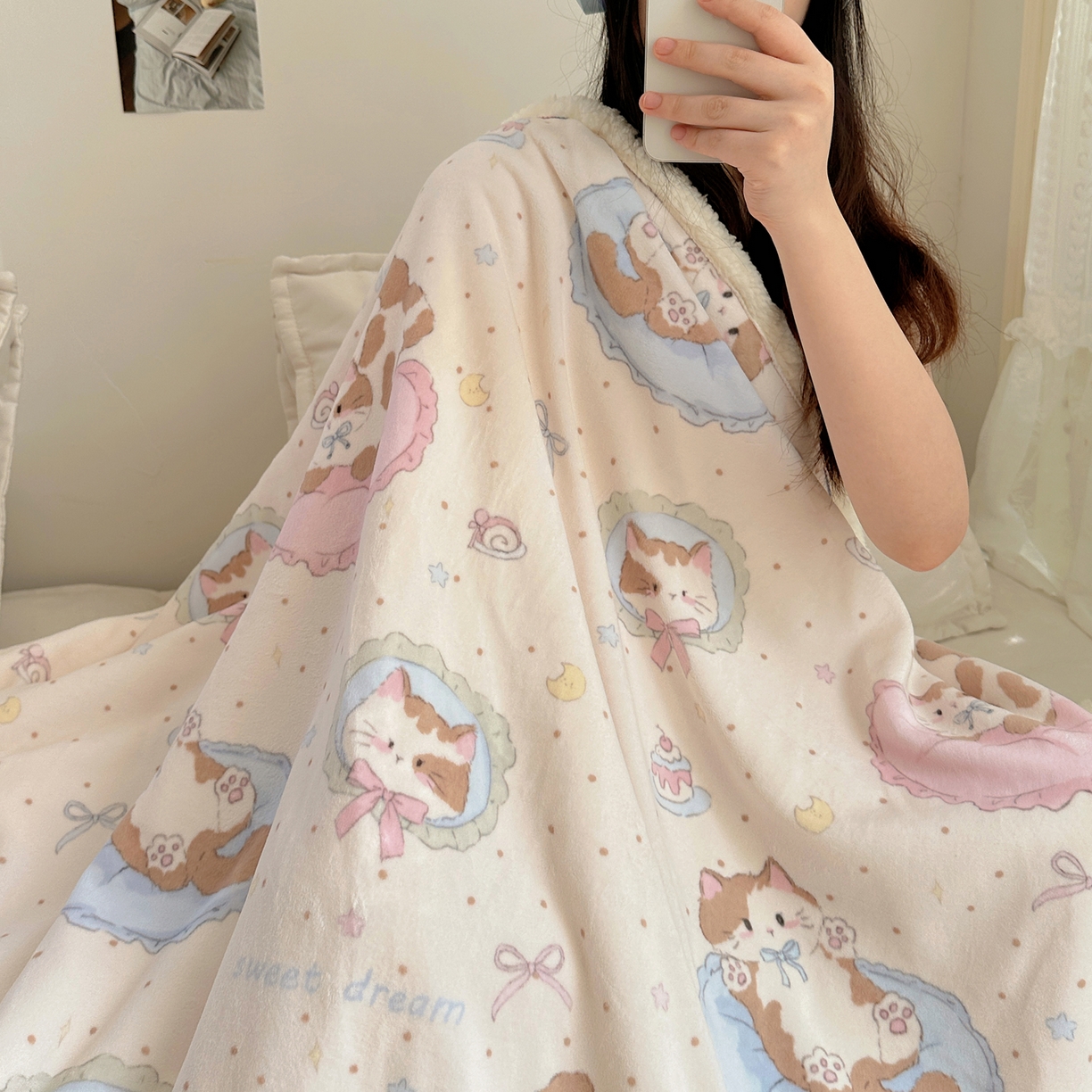 91家纺网 家纺一手货源 找家纺 萝莉家纺 2025新款小清新多功能牛奶绒羊羔绒毛毯毯子午睡毯 做个好梦