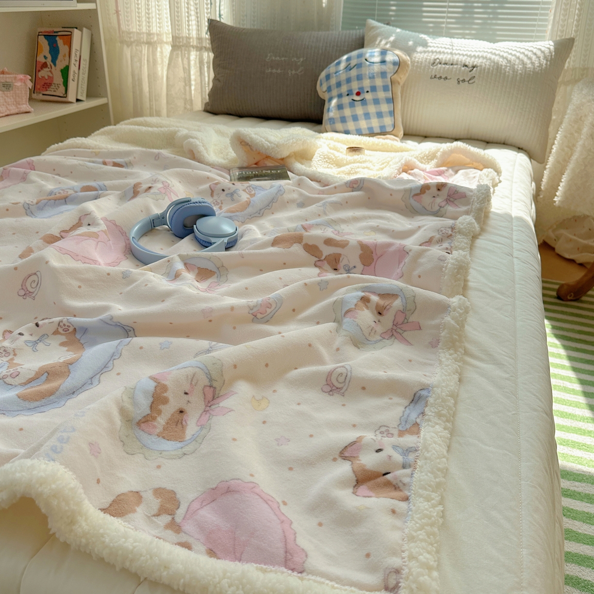 91家纺网 家纺一手货源 找家纺 萝莉家纺 2025新款小清新多功能牛奶绒羊羔绒毛毯毯子午睡毯 做个好梦