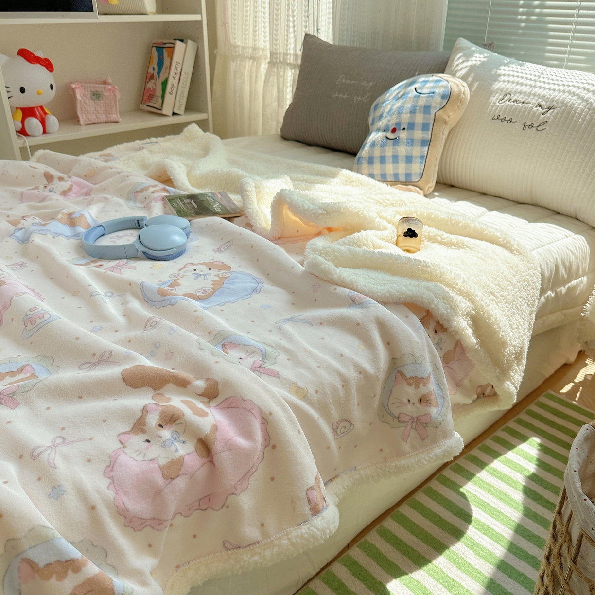 91家纺网 家纺一手货源 找家纺 萝莉家纺 2025新款小清新多功能牛奶绒羊羔绒毛毯毯子午睡毯 做个好梦