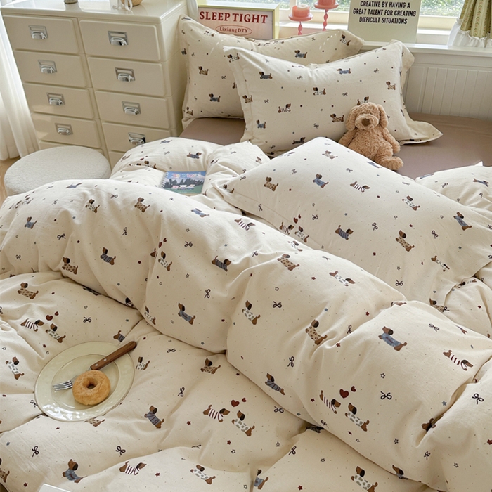 91家纺网 家纺一手货源 找家纺 萝莉家纺 2025新款全棉小清新高品质数码印花磨毛四件套 斑点狗狗