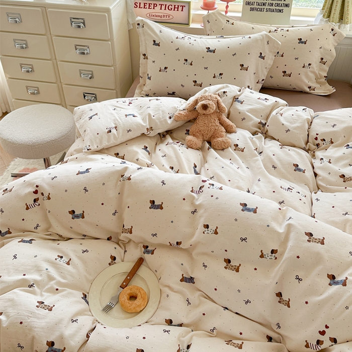 91家纺网 家纺一手货源 找家纺 萝莉家纺 2025新款全棉小清新高品质数码印花磨毛四件套 斑点狗狗