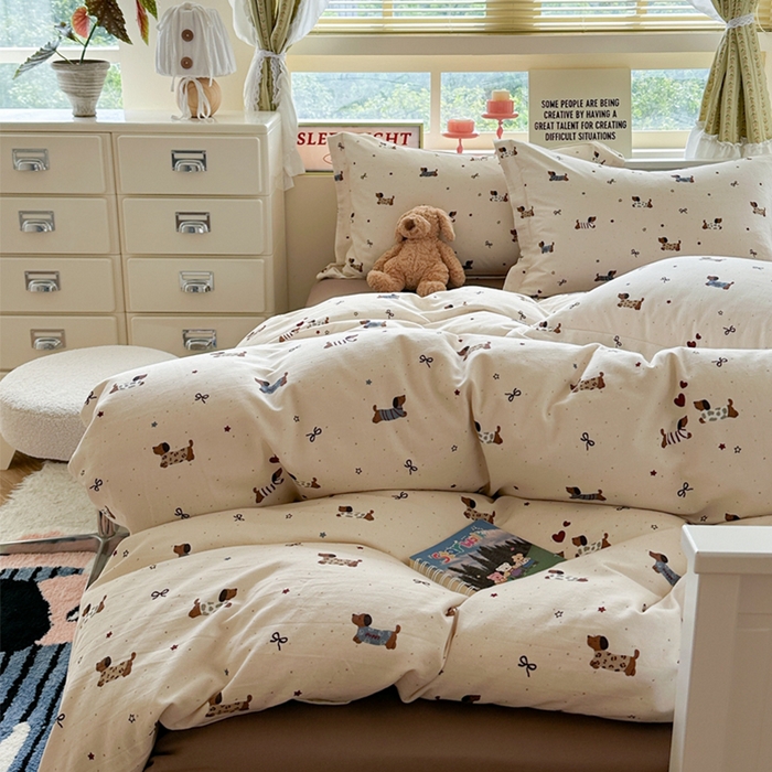 91家纺网 家纺一手货源 找家纺 萝莉家纺 2025新款全棉小清新高品质数码印花磨毛四件套 斑点狗狗