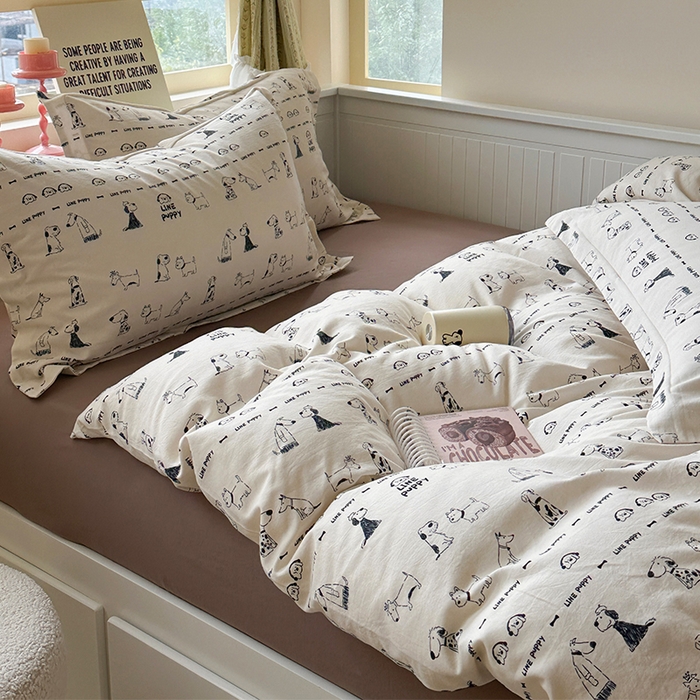 91家纺网 家纺一手货源 找家纺 萝莉家纺 2025新款全棉小清新高品质数码印花磨毛四件套 涂鸦日记