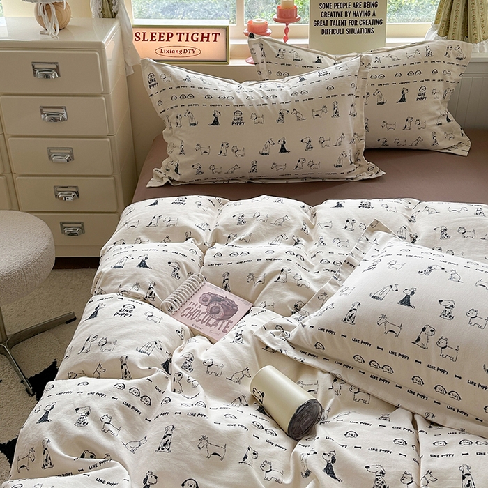 91家纺网 家纺一手货源 找家纺 萝莉家纺 2025新款全棉小清新高品质数码印花磨毛四件套 涂鸦日记