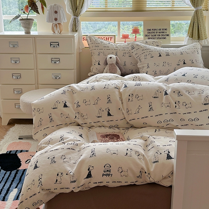 91家纺网 家纺一手货源 找家纺 萝莉家纺 2025新款全棉小清新高品质数码印花磨毛四件套 涂鸦日记