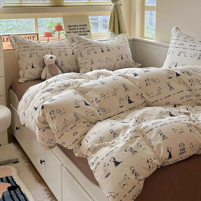 91家纺网 家纺一手货源 找家纺 萝莉家纺 2025新款全棉小清新高品质数码印花磨毛四件套 涂鸦日记