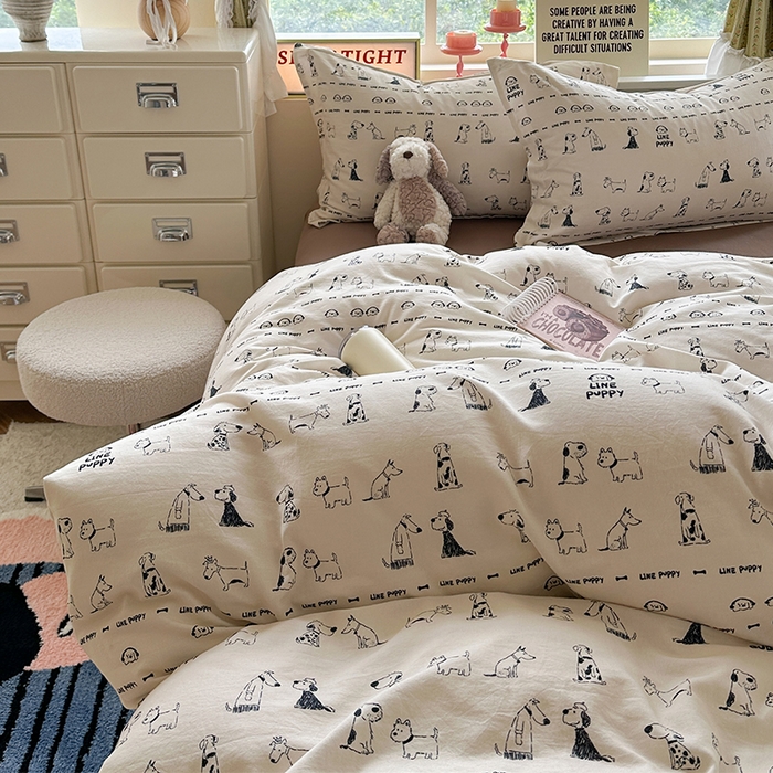 91家纺网 家纺一手货源 找家纺 萝莉家纺 2025新款全棉小清新高品质数码印花磨毛四件套 涂鸦日记