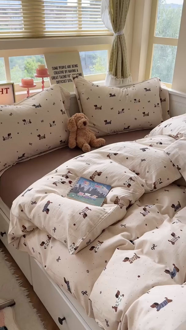 91家纺网 家纺一手货源 找家纺 萝莉家纺 2025新款全棉小清新高品质数码印花磨毛四件套 斑点狗狗