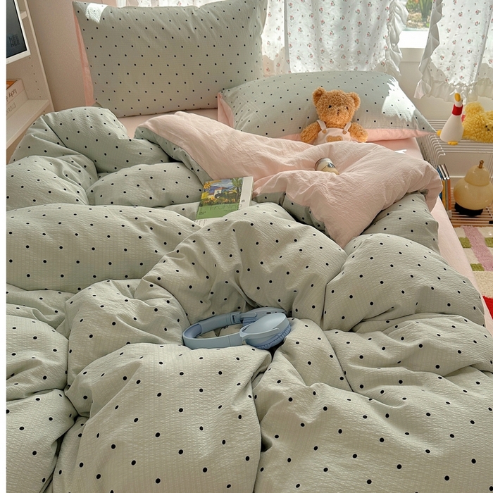 91家纺网 家纺一手货源 找家纺 顾里家纺 2025新款韩系波点云朵棉四件套 蓝波点