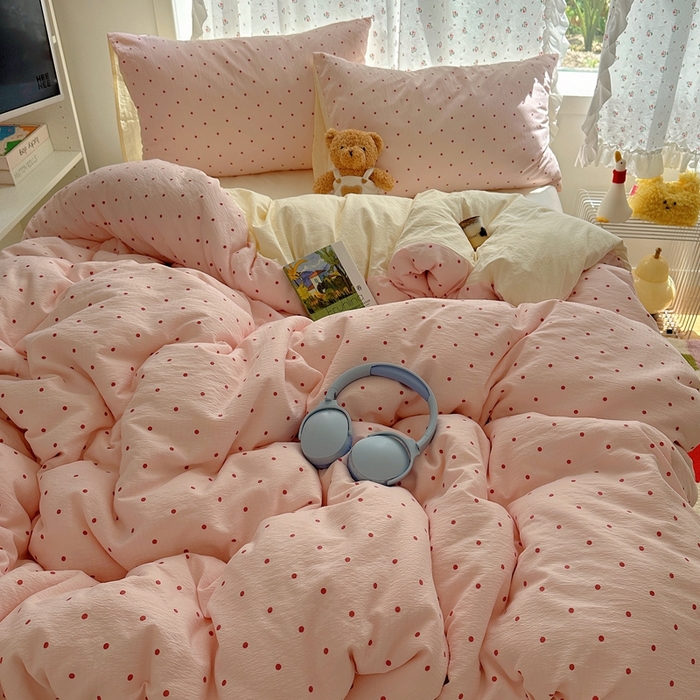 91家纺网 家纺一手货源 找家纺 顾里家纺 2025新款韩系波点云朵棉四件套 粉波点