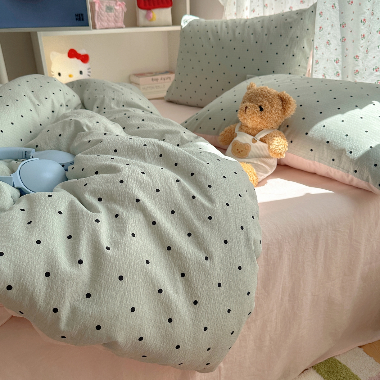 91家纺网 家纺一手货源 找家纺 顾里家纺 2025新款韩系波点云朵棉四件套 蓝波点