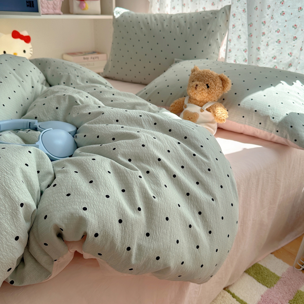 91家纺网 家纺一手货源 找家纺 顾里家纺 2025新款韩系波点云朵棉四件套 蓝波点