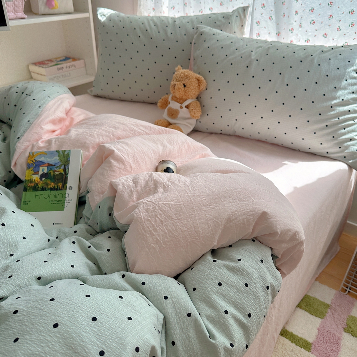 91家纺网 家纺一手货源 找家纺 顾里家纺 2025新款韩系波点云朵棉四件套 蓝波点