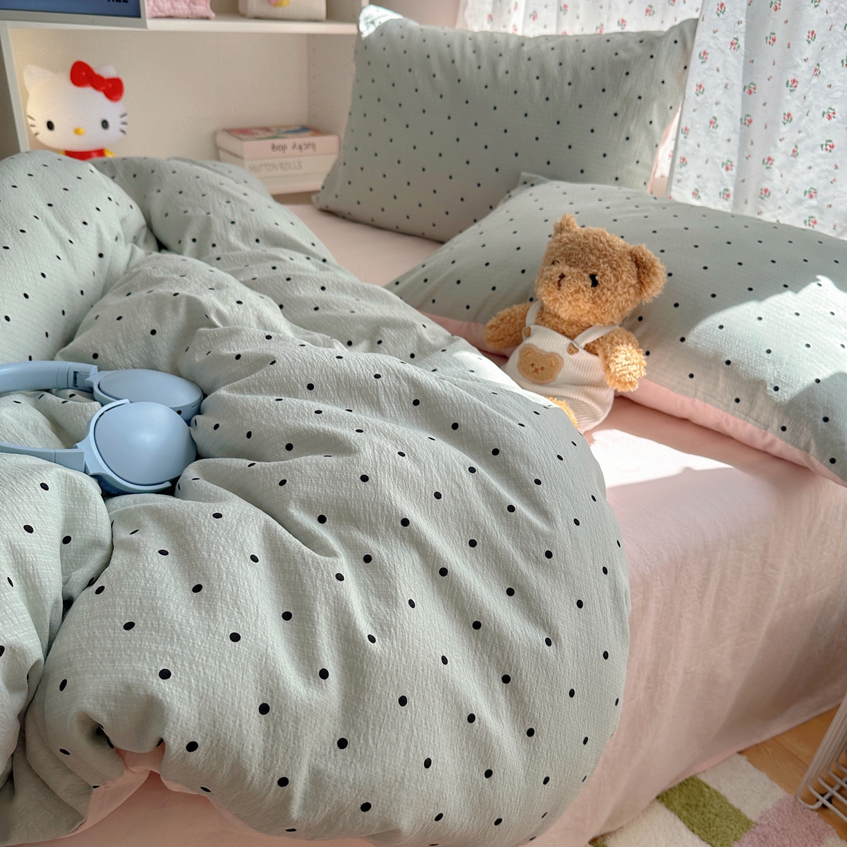 91家纺网 家纺一手货源 找家纺 顾里家纺 2025新款韩系波点云朵棉四件套 蓝波点