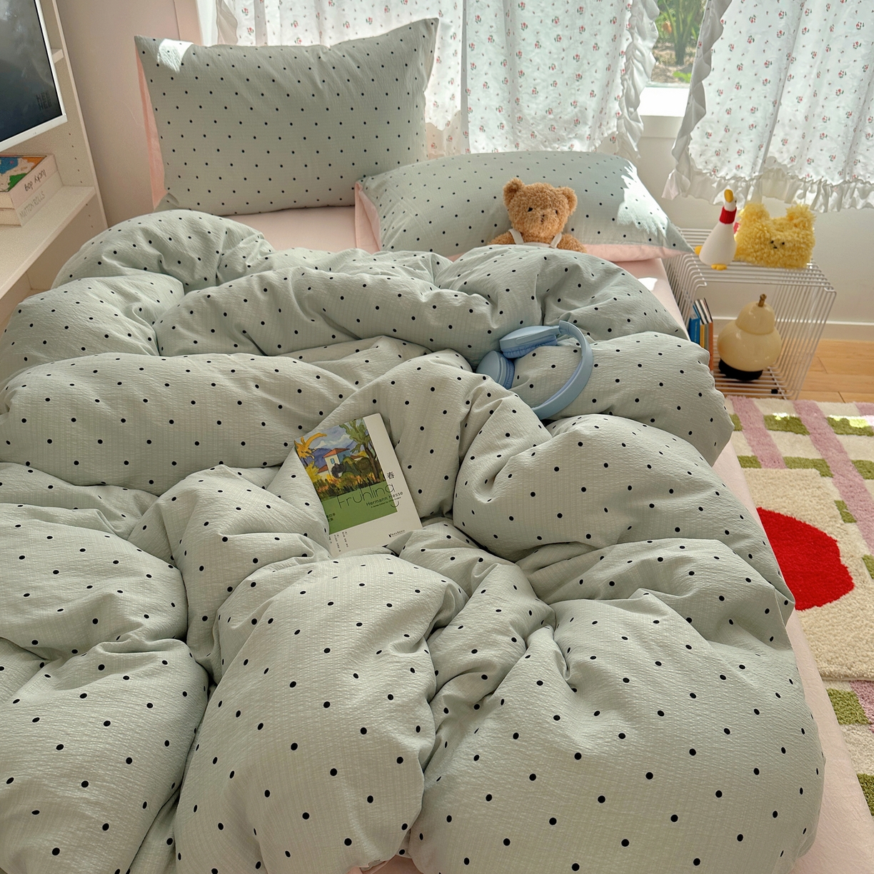 91家纺网 家纺一手货源 找家纺 顾里家纺 2025新款韩系波点云朵棉四件套 蓝波点