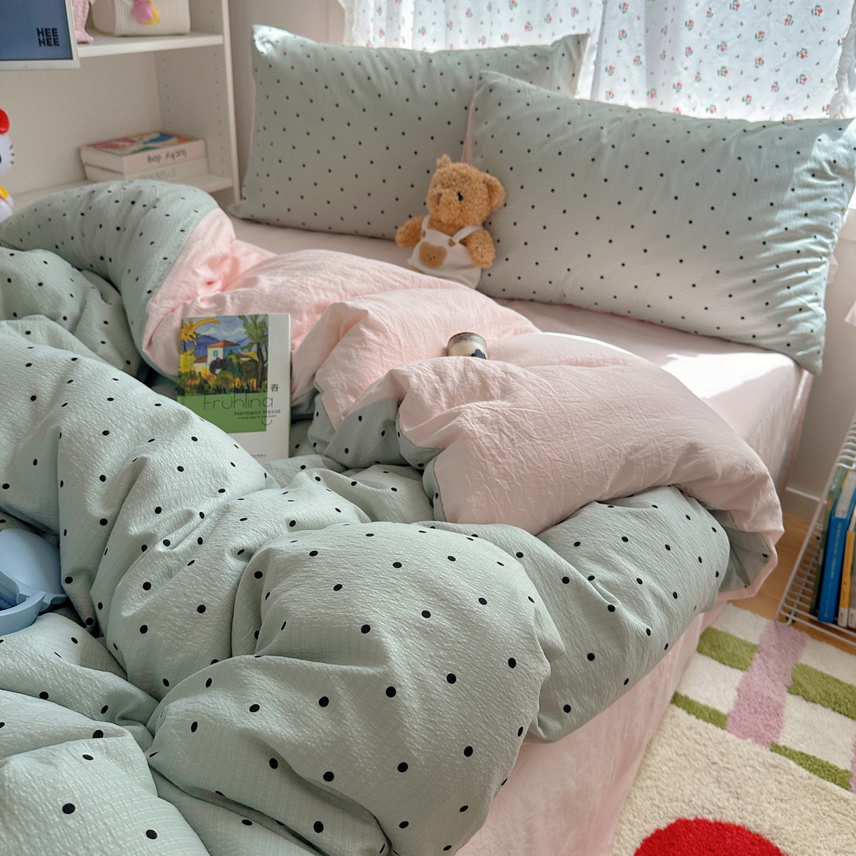 91家纺网 家纺一手货源 找家纺 顾里家纺 2025新款韩系波点云朵棉四件套 蓝波点