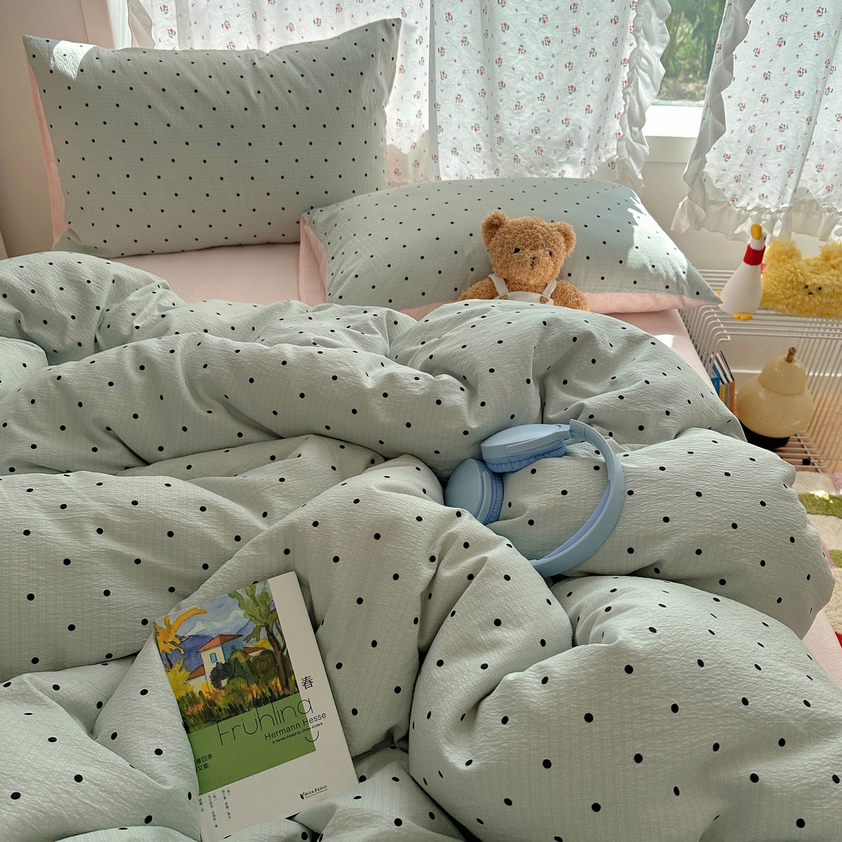 91家纺网 家纺一手货源 找家纺 顾里家纺 2025新款韩系波点云朵棉四件套 蓝波点