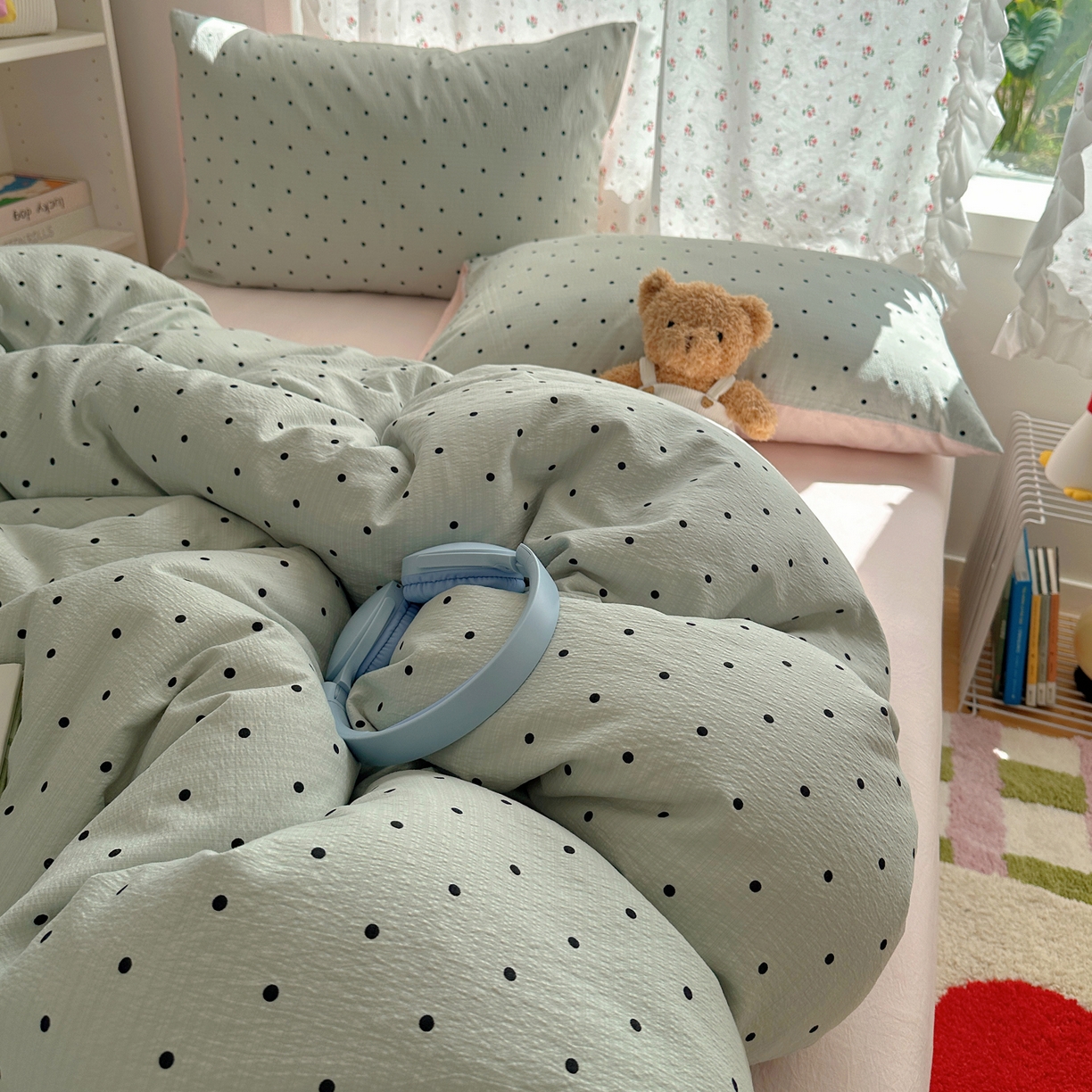 91家纺网 家纺一手货源 找家纺 顾里家纺 2025新款韩系波点云朵棉四件套 蓝波点