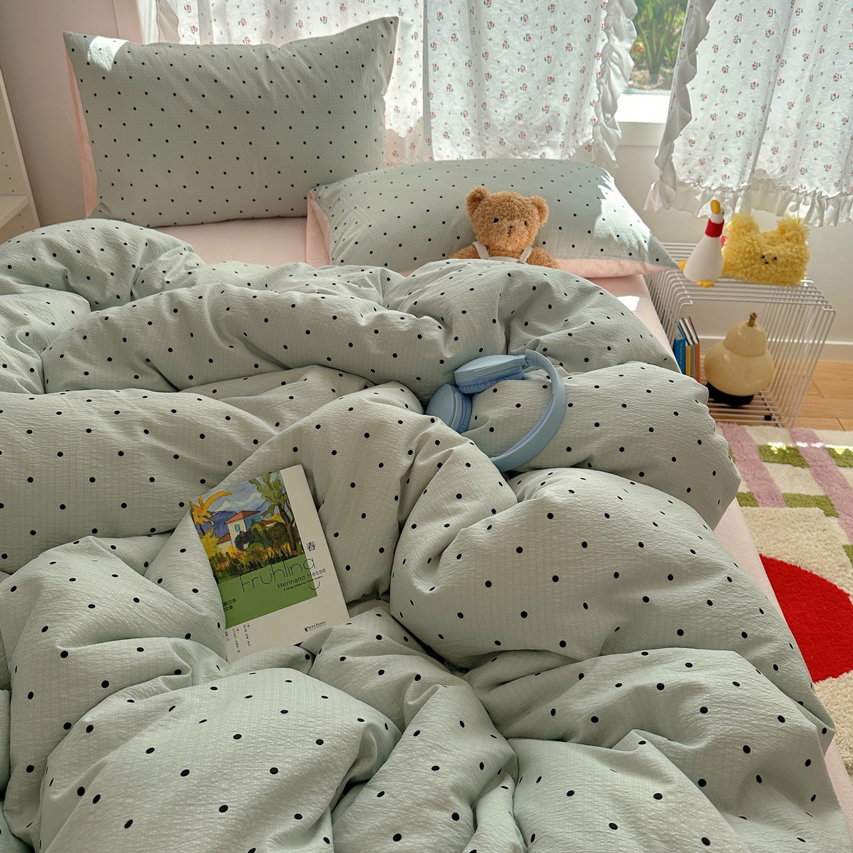 91家纺网 家纺一手货源 找家纺 顾里家纺 2025新款韩系波点云朵棉四件套 蓝波点