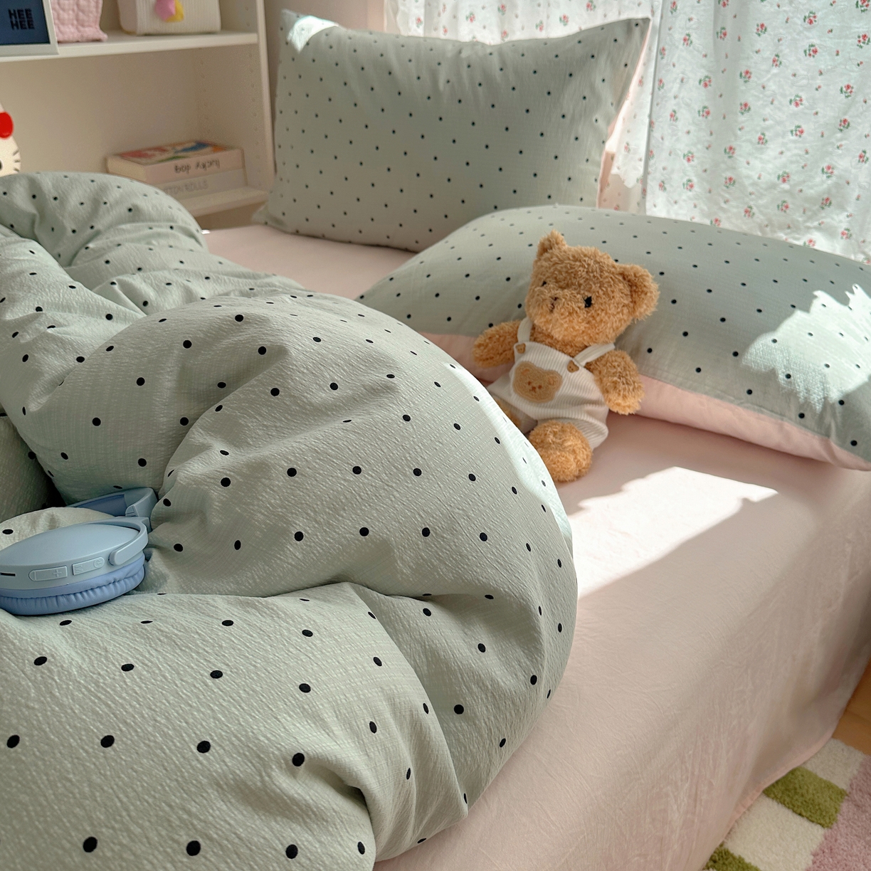 91家纺网 家纺一手货源 找家纺 顾里家纺 2025新款韩系波点云朵棉四件套 蓝波点