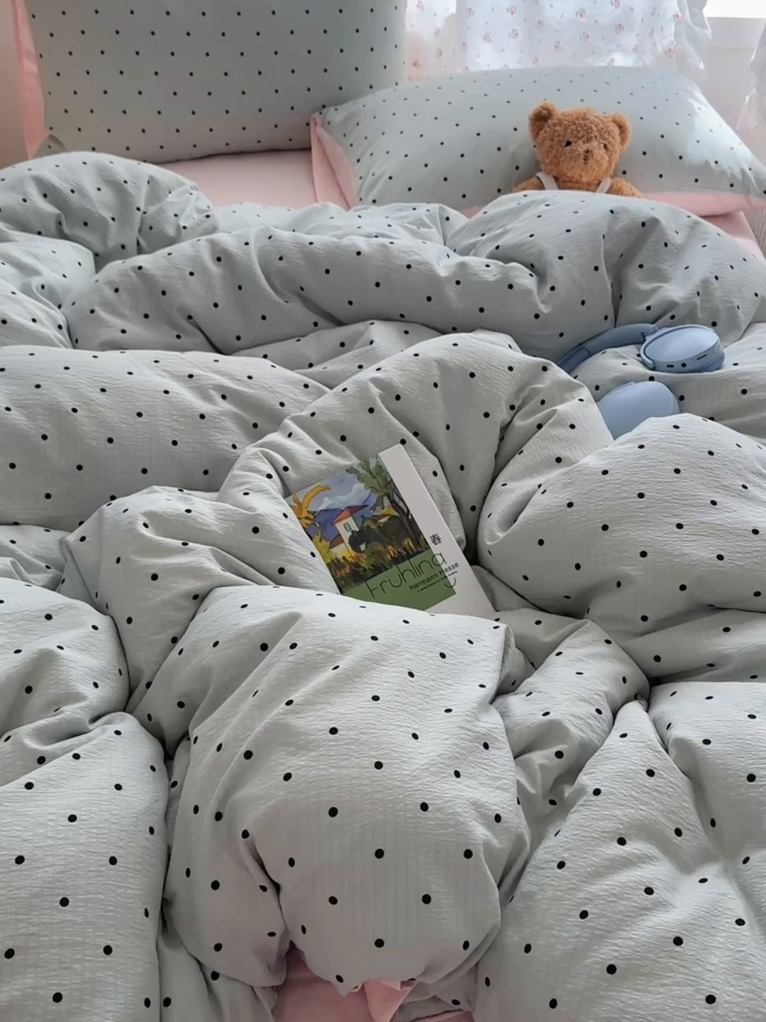 91家纺网 家纺一手货源 找家纺 顾里家纺 2025新款韩系波点云朵棉四件套 蓝波点