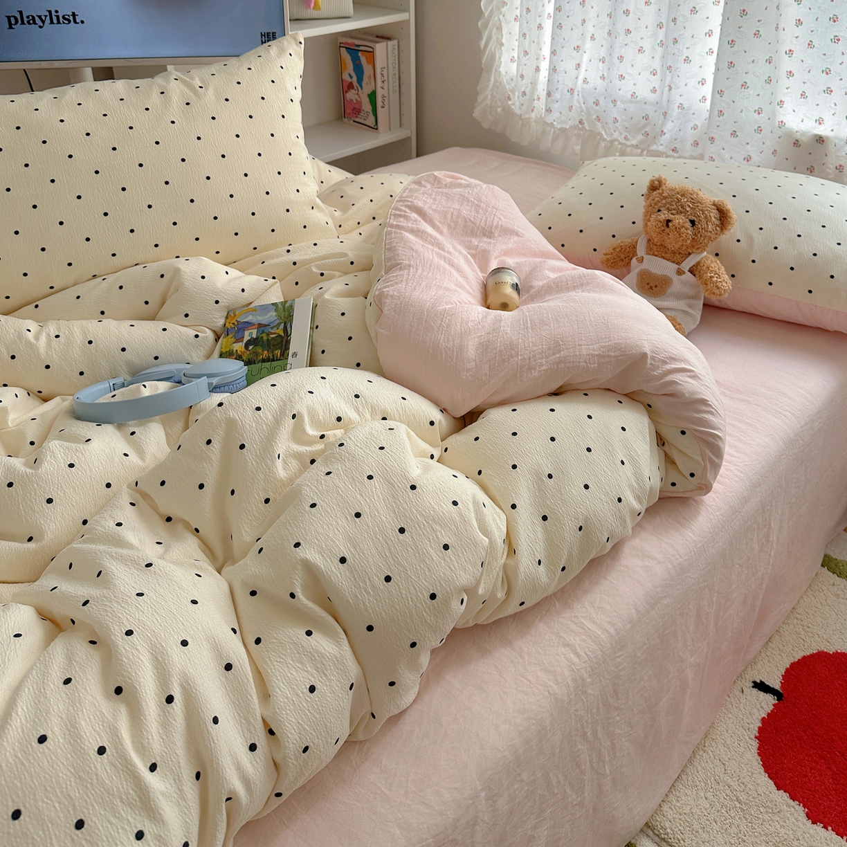 91家纺网 家纺一手货源 找家纺 顾里家纺 2025新款韩系波点云朵棉四件套 白波点