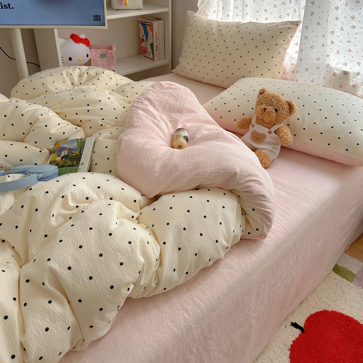 91家纺网 家纺一手货源 找家纺 顾里家纺 2025新款韩系波点云朵棉四件套 白波点