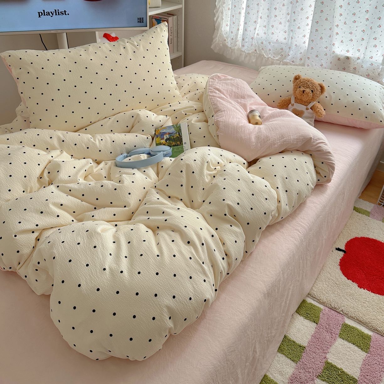 91家纺网 家纺一手货源 找家纺 顾里家纺 2025新款韩系波点云朵棉四件套 白波点