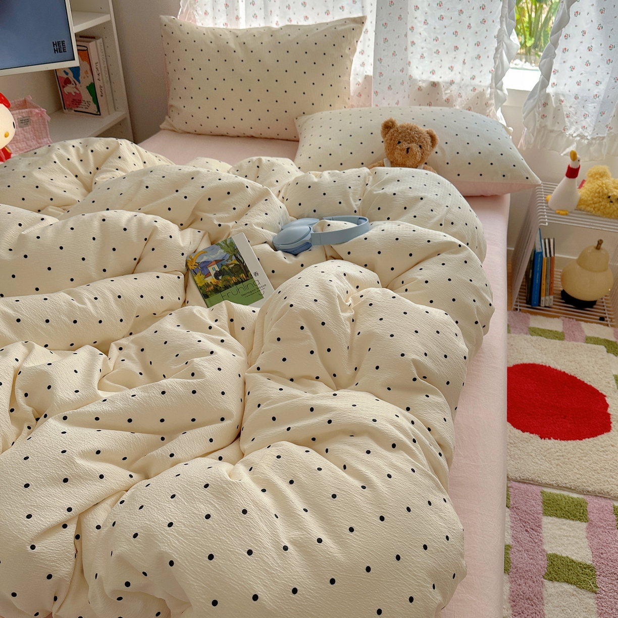 91家纺网 家纺一手货源 找家纺 顾里家纺 2025新款韩系波点云朵棉四件套 白波点