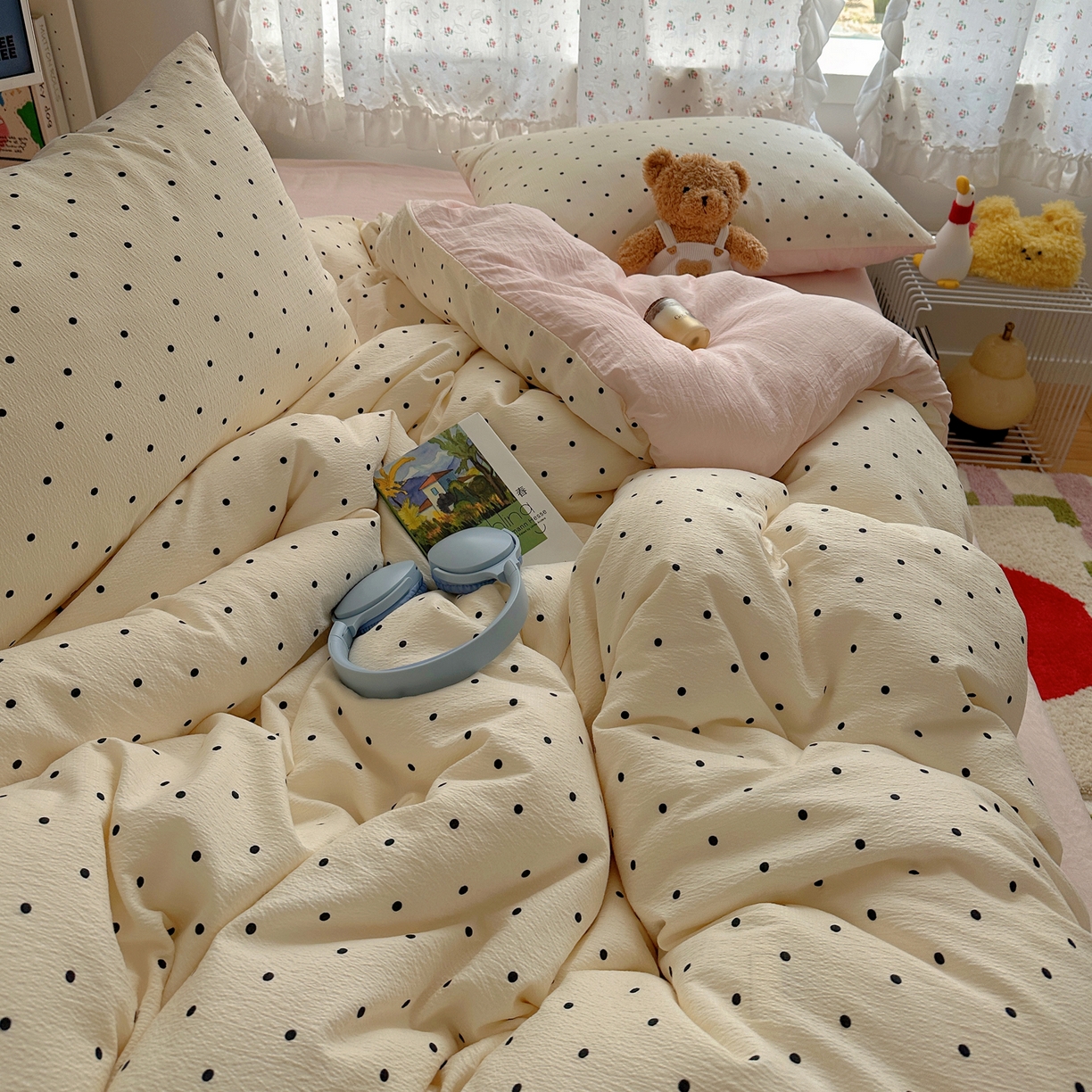 91家纺网 家纺一手货源 找家纺 顾里家纺 2025新款韩系波点云朵棉四件套 白波点