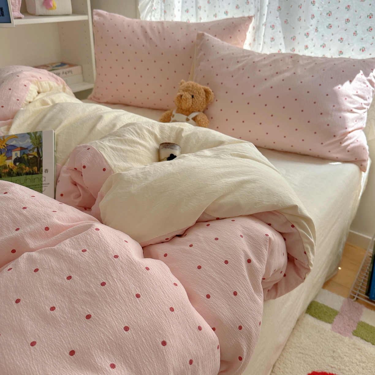 91家纺网 家纺一手货源 找家纺 顾里家纺 2025新款韩系波点云朵棉四件套 粉波点